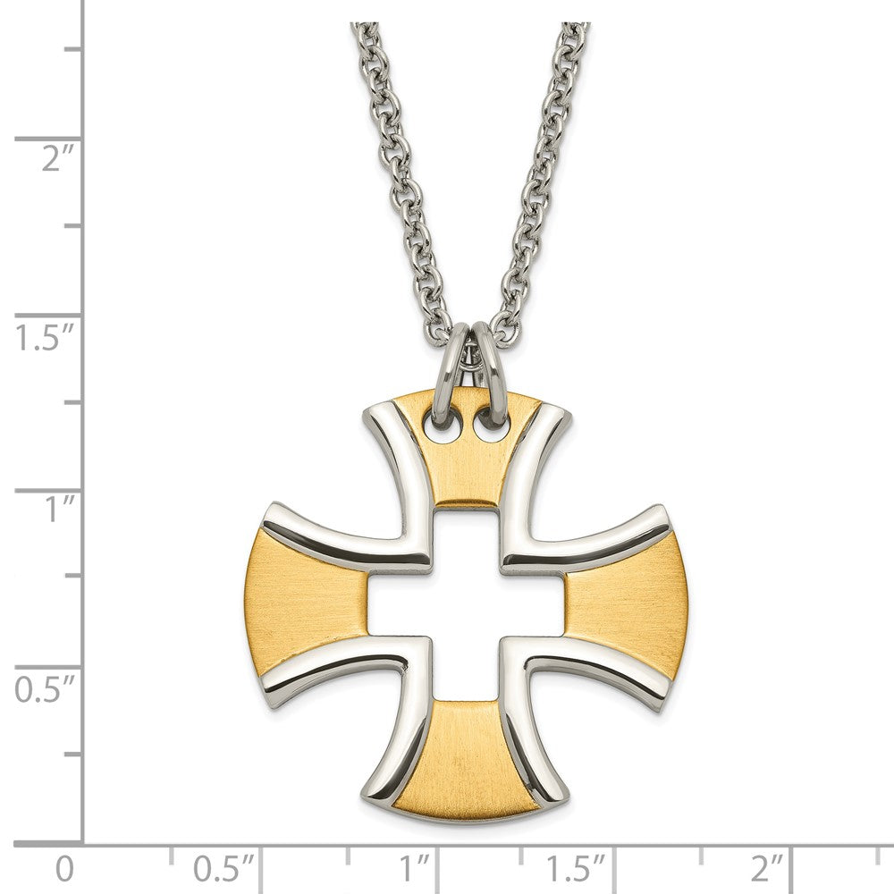 Stainless Steel & Yellow Ip-Plated Polished Satin Cross Necklace