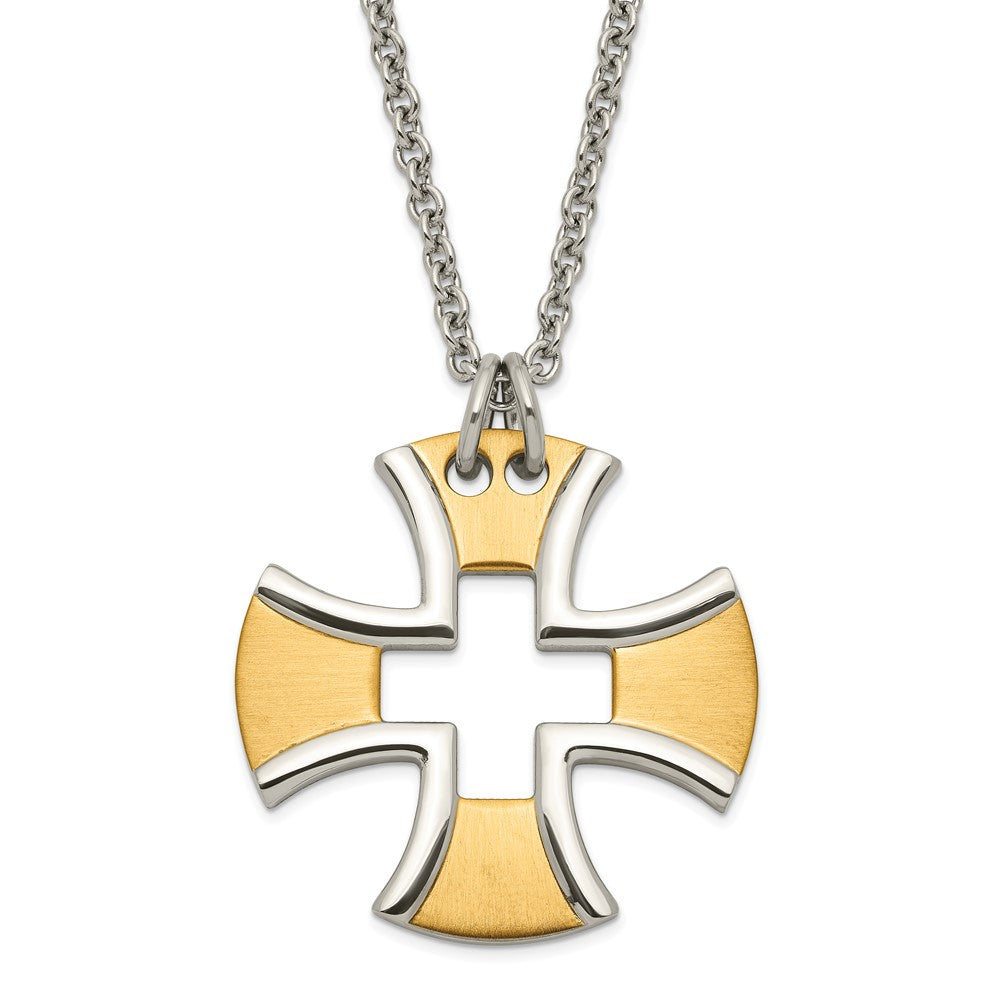 Stainless Steel & Yellow Ip-Plated Polished Satin Cross Necklace