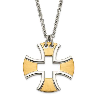 Stainless Steel & Yellow Ip-Plated Polished Satin Cross Necklace