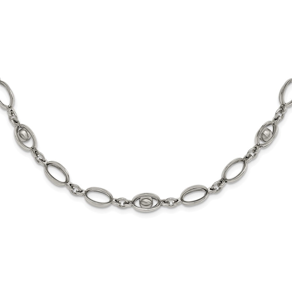 Stainless Steel Polished Oval Link W/ Moveable Ball 1.5In Ext. Necklace