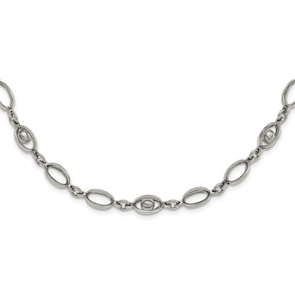 Stainless Steel Polished Oval Link W/ Moveable Ball 1.5In Ext. Necklace