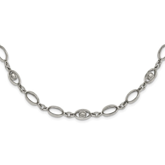 Stainless Steel Polished Oval Link W/ Moveable Ball 1.5In Ext. Necklace