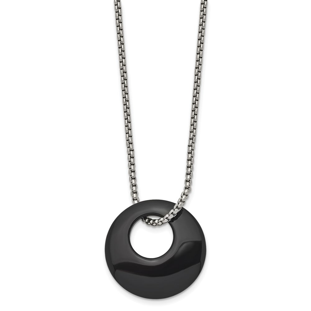 Stainless Steel Chisel Polished Black Onyx Circle Pendant On An 18 Inch Box Chain Necklace