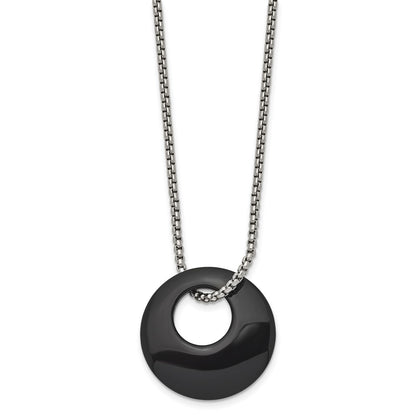 Stainless Steel Chisel Polished Black Onyx Circle Pendant On An 18 Inch Box Chain Necklace