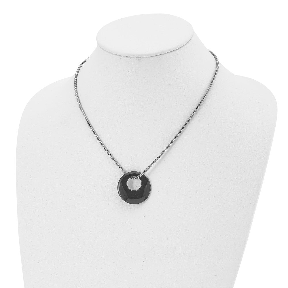 Stainless Steel Chisel Polished Black Onyx Circle Pendant On An 18 Inch Box Chain Necklace