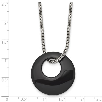 Stainless Steel Chisel Polished Black Onyx Circle Pendant On An 18 Inch Box Chain Necklace