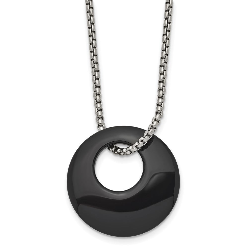 Stainless Steel Chisel Polished Black Onyx Circle Pendant On An 18 Inch Box Chain Necklace