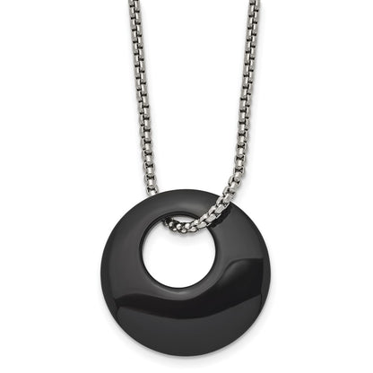 Stainless Steel Chisel Polished Black Onyx Circle Pendant On An 18 Inch Box Chain Necklace