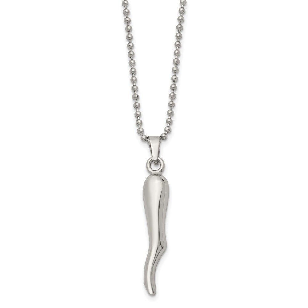 Stainless Steel Chisel Polished Italian Horn Pendant On A 22 Inch Ball Chain Necklace