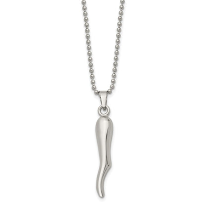 Stainless Steel Chisel Polished Italian Horn Pendant On A 22 Inch Ball Chain Necklace