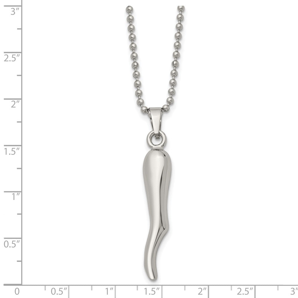 Stainless Steel Chisel Polished Italian Horn Pendant On A 22 Inch Ball Chain Necklace