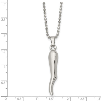Stainless Steel Chisel Polished Italian Horn Pendant On A 22 Inch Ball Chain Necklace