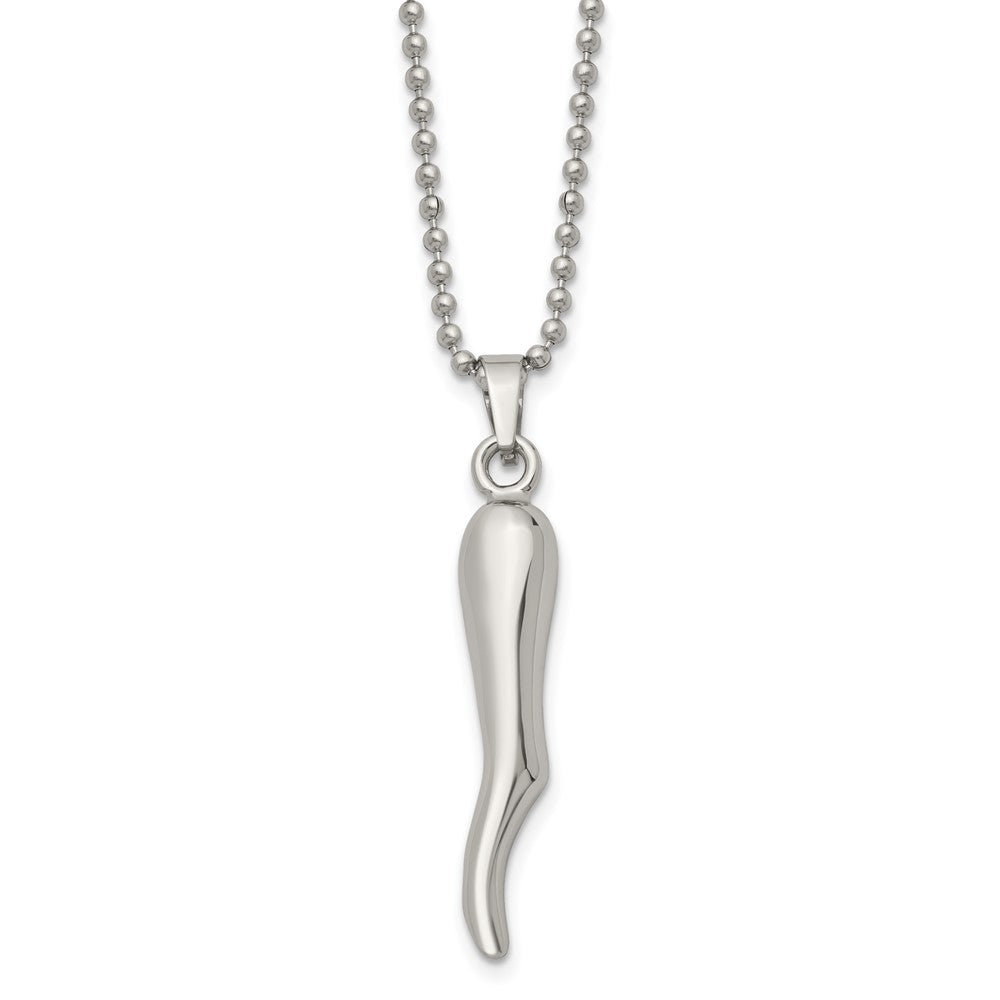 Stainless Steel Chisel Polished Italian Horn Pendant On A 22 Inch Ball Chain Necklace