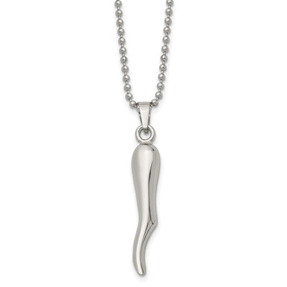 Stainless Steel Chisel Polished Italian Horn Pendant On A 22 Inch Ball Chain Necklace