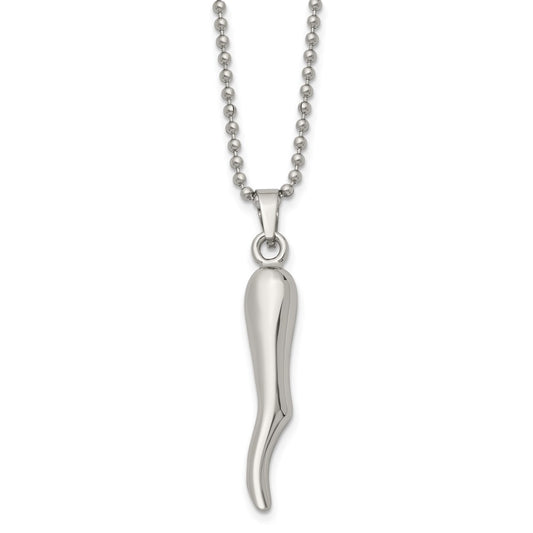 Stainless Steel Chisel Polished Italian Horn Pendant On A 22 Inch Ball Chain Necklace