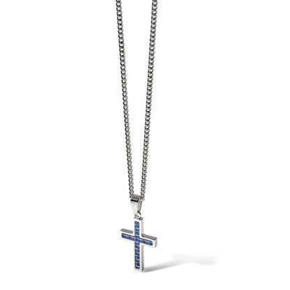 Stainless Steel Chisel Polished With Blue Carbon Fiber Inlay Cross Pendant On A 20 Inch Curb Chain Necklace