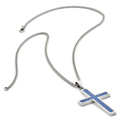 Stainless Steel Chisel Polished With Blue Carbon Fiber Inlay Cross Pendant On A 20 Inch Curb Chain Necklace