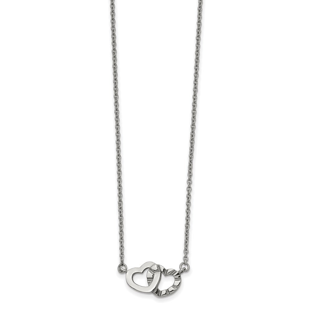 Stainless Steel Chisel Polished And Textured Interlocking Hearts On An 18 Inch Cable Chain Necklace