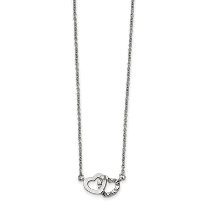 Stainless Steel Chisel Polished And Textured Interlocking Hearts On An 18 Inch Cable Chain Necklace