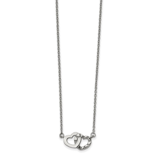 Stainless Steel Chisel Polished And Textured Interlocking Hearts On An 18 Inch Cable Chain Necklace