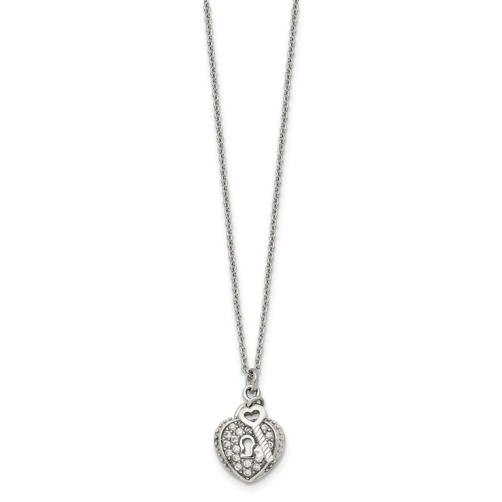 Stainless Steel Chisel Polished Cz Heart Lock And Key 2-Piece Moveable Pendant On An 18 Inch Cable Chain Necklace