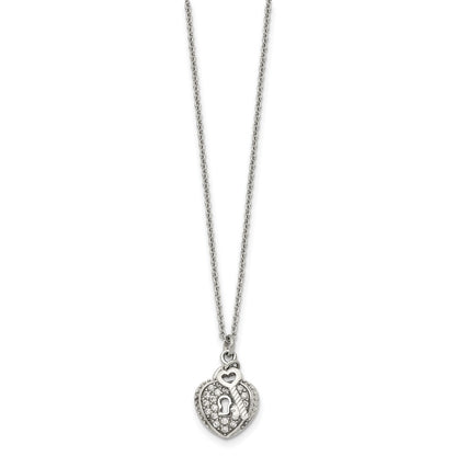 Stainless Steel Chisel Polished Cz Heart Lock And Key 2-Piece Moveable Pendant On An 18 Inch Cable Chain Necklace