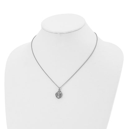 Stainless Steel Chisel Polished Cz Heart Lock And Key 2-Piece Moveable Pendant On An 18 Inch Cable Chain Necklace