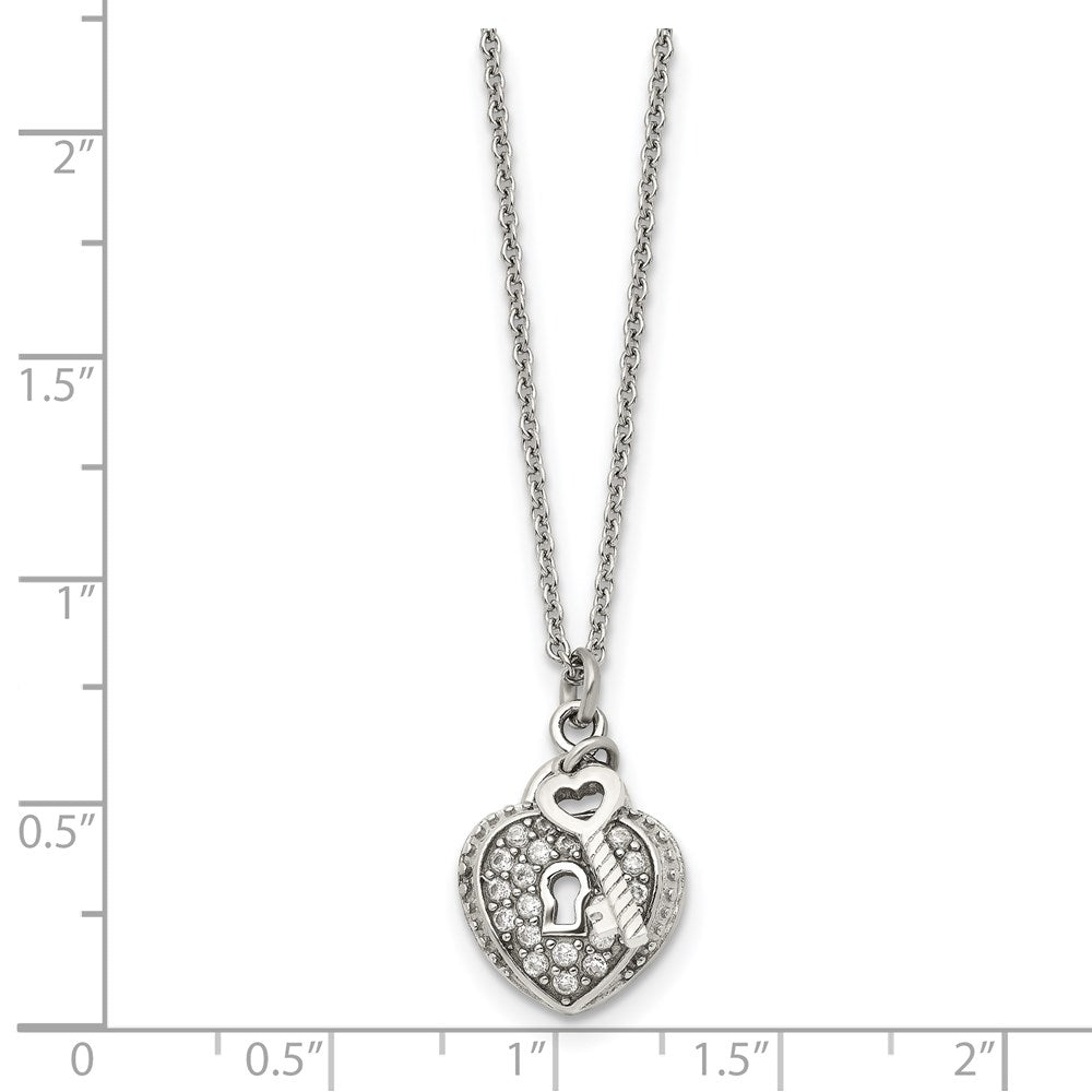 Stainless Steel Chisel Polished Cz Heart Lock And Key 2-Piece Moveable Pendant On An 18 Inch Cable Chain Necklace