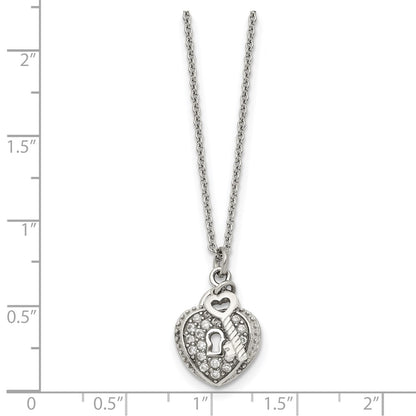 Stainless Steel Chisel Polished Cz Heart Lock And Key 2-Piece Moveable Pendant On An 18 Inch Cable Chain Necklace