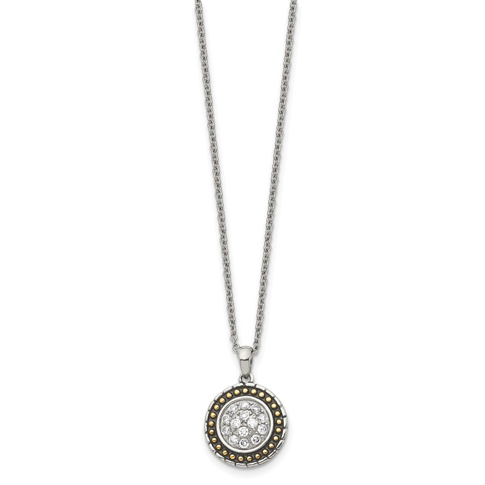 Stainless Steel Chisel Antiqued And Polished Yellow Ip-Plated With Cz Circle Pendant On An 18 Inch Cable Chain Necklace
