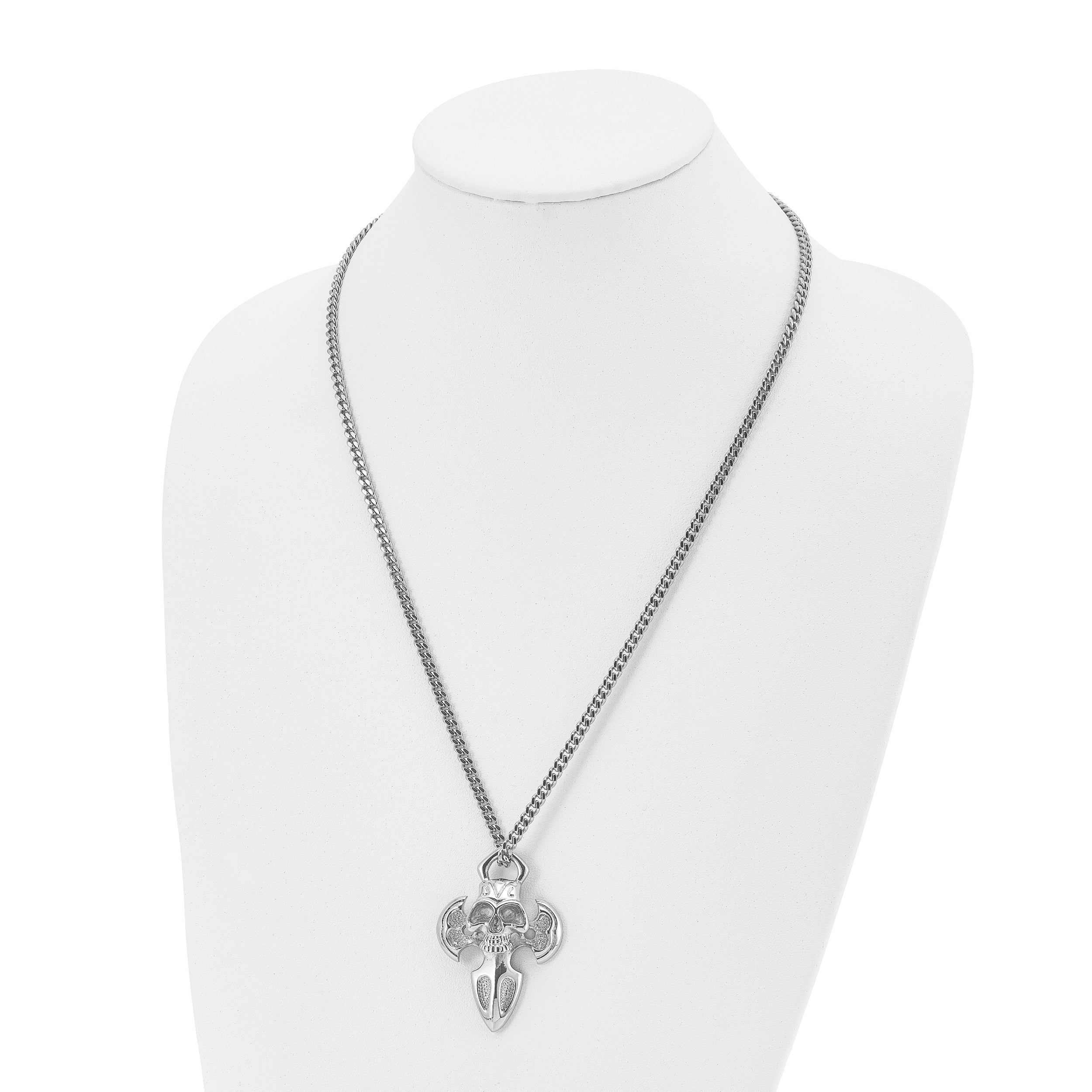 Stainless Steel Chisel Polished Cross With Skull Pendant On A 24 Inch Curb Chain Necklace
