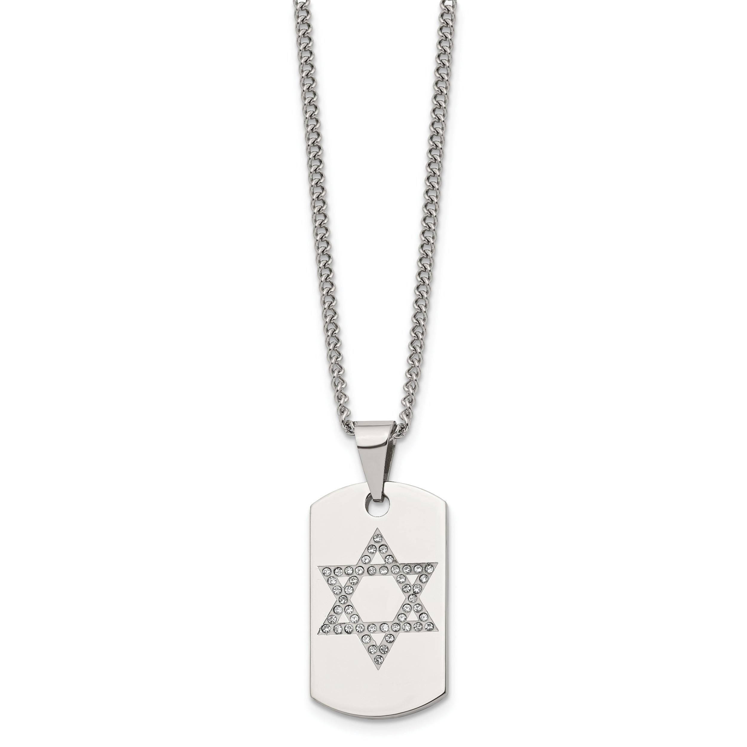 Stainless Steel Chisel Polished With Cz Star Of David Dog Tag On A 22 Inch Curb Chain Necklace