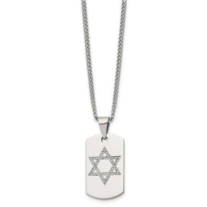 Stainless Steel Chisel Polished With Cz Star Of David Dog Tag On A 22 Inch Curb Chain Necklace