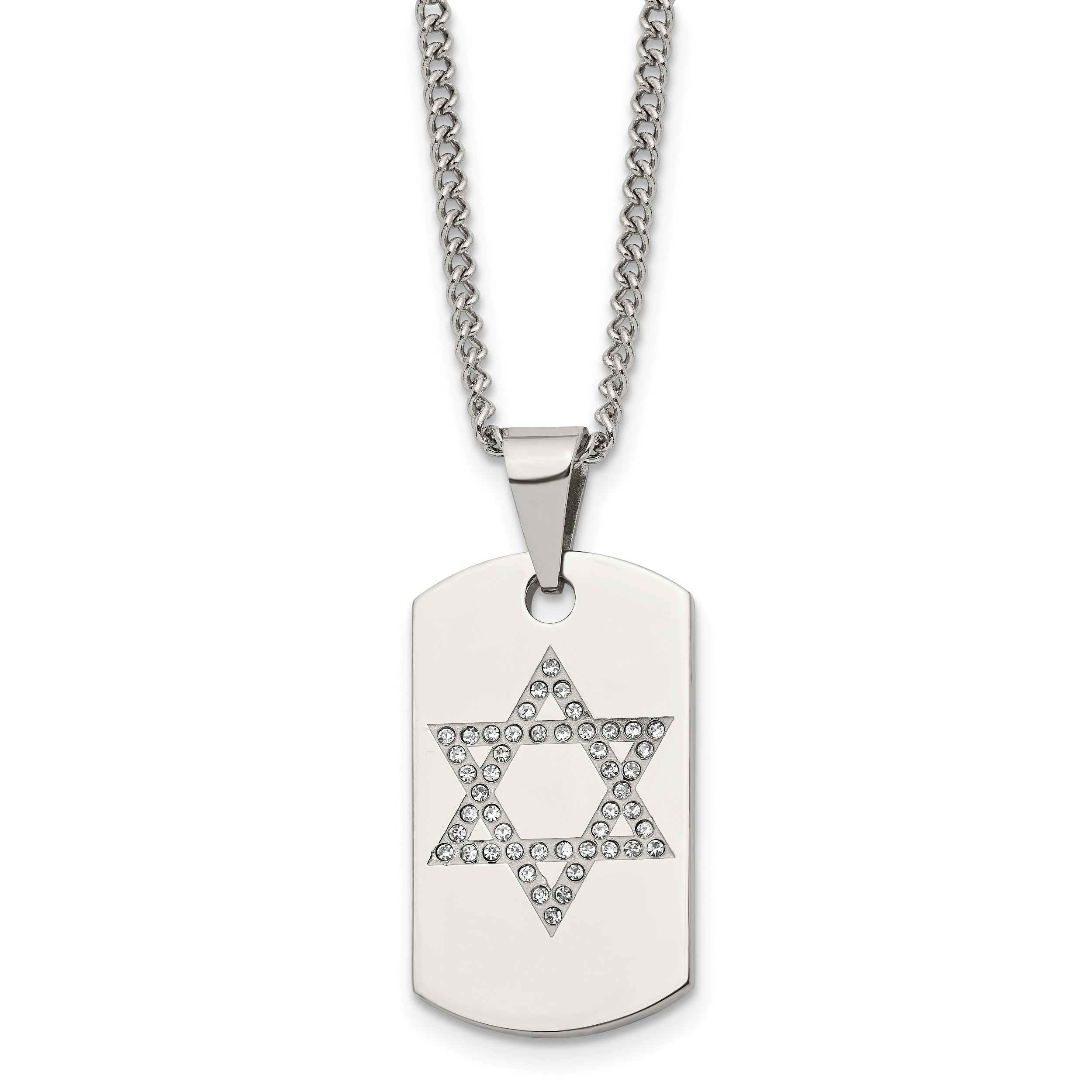 Stainless Steel Chisel Polished With Cz Star Of David Dog Tag On A 22 Inch Curb Chain Necklace