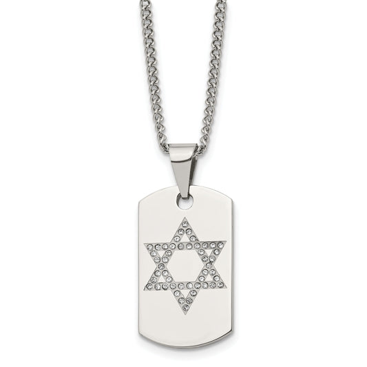 Stainless Steel Chisel Polished With Cz Star Of David Dog Tag On A 22 Inch Curb Chain Necklace