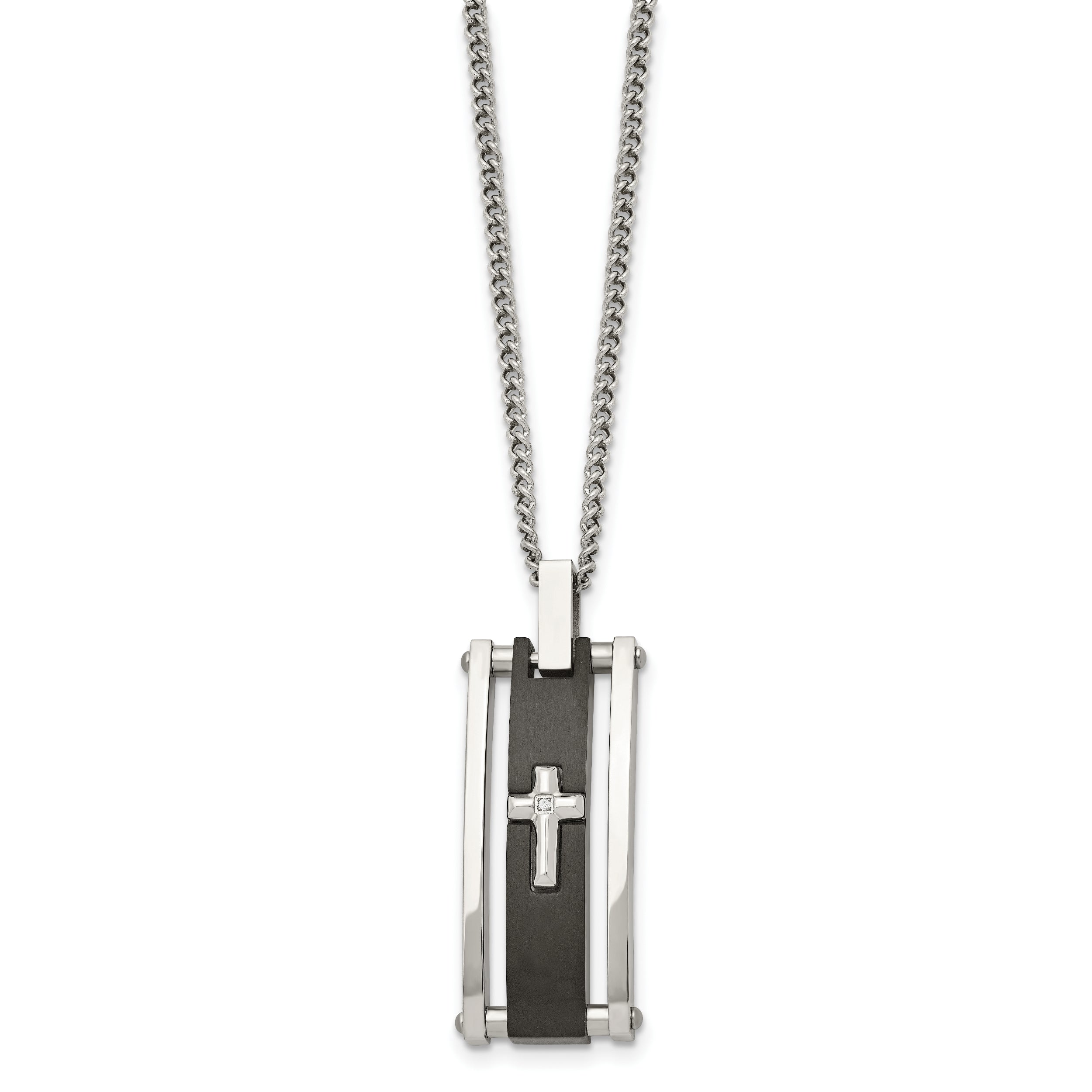 Stainless Steel Chisel Polished Black Ip-Plated With Cz Cross Pendant On A 22 Inch Curb Chain Necklace