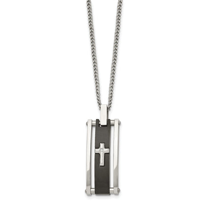 Stainless Steel Chisel Polished Black Ip-Plated With Cz Cross Pendant On A 22 Inch Curb Chain Necklace
