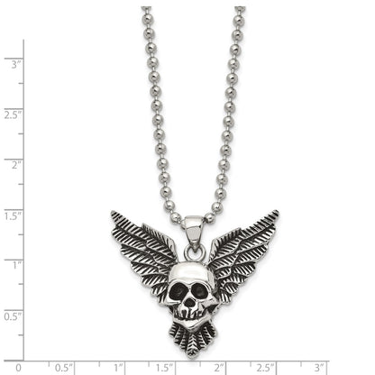 Stainless Steel Chisel Antiqued And Polished Skull With Wings Pendant On A 22 Inch Ball Chain Necklace