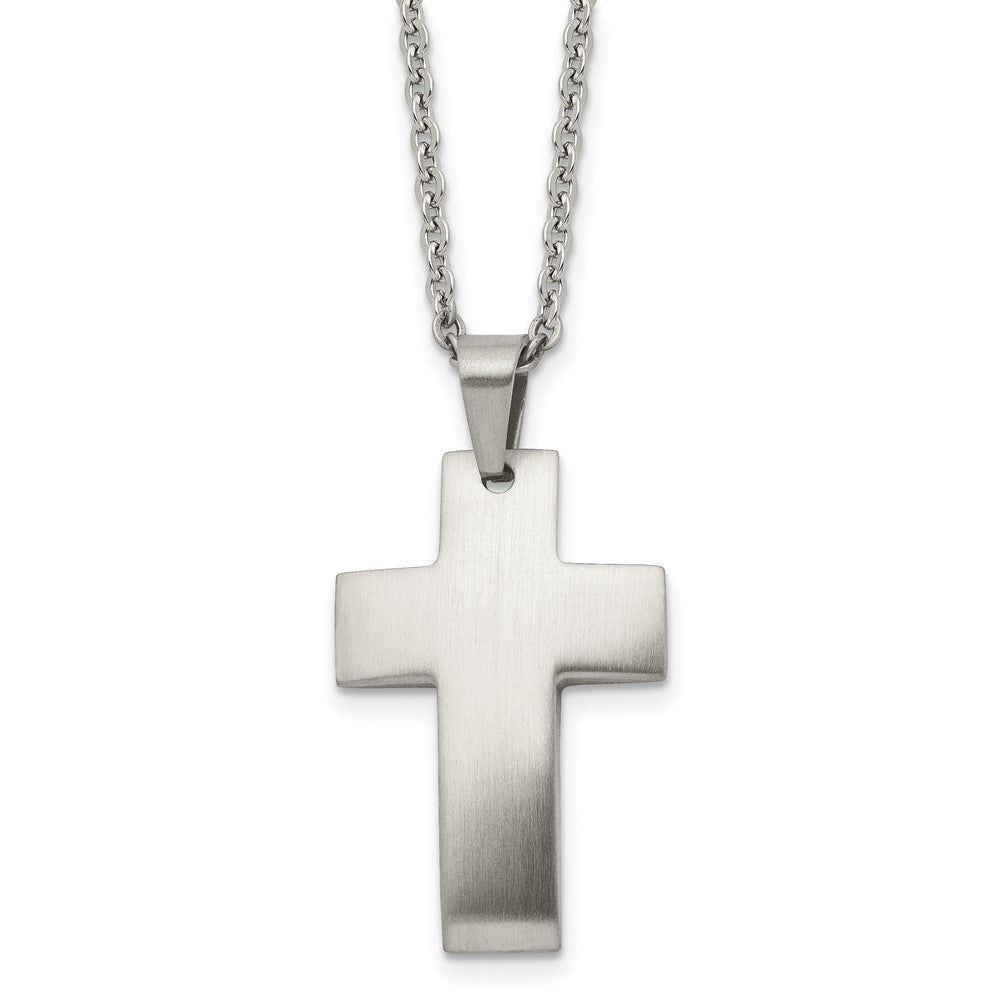 Stainless Steel Chisel Brushed Cross Pendant On A 20 Inch Cable Chain Necklace