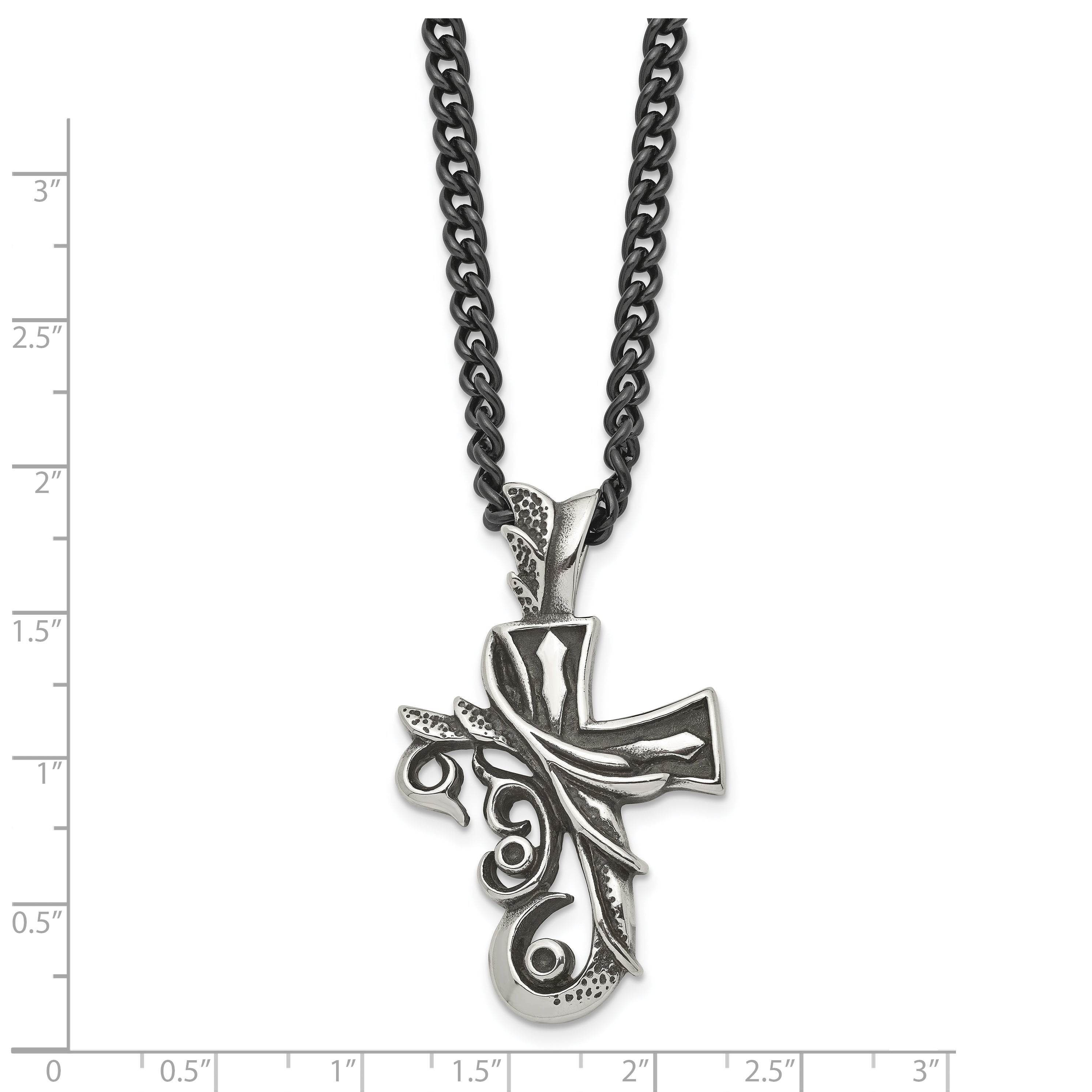 Stainless Steel Chisel Antiqued And Polished Fancy Cross Pendnat On A 20 Inch Curb Chain Necklace