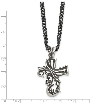 Stainless Steel Chisel Antiqued And Polished Fancy Cross Pendnat On A 20 Inch Curb Chain Necklace