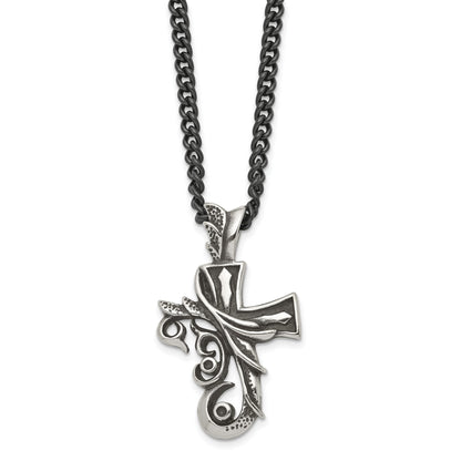 Stainless Steel Chisel Antiqued And Polished Fancy Cross Pendnat On A 20 Inch Curb Chain Necklace