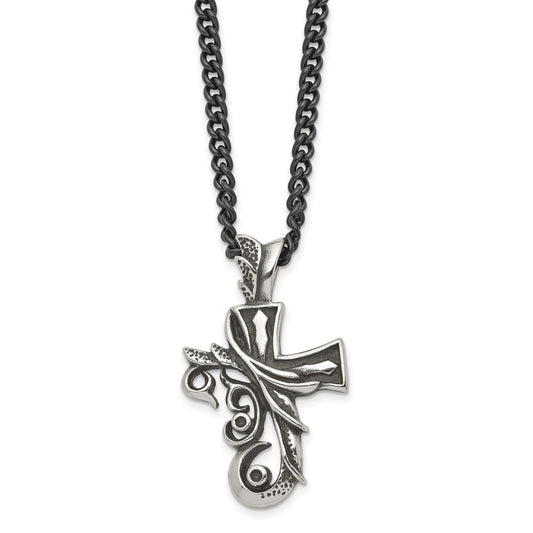 Stainless Steel Chisel Antiqued And Polished Fancy Cross Pendnat On A 20 Inch Curb Chain Necklace