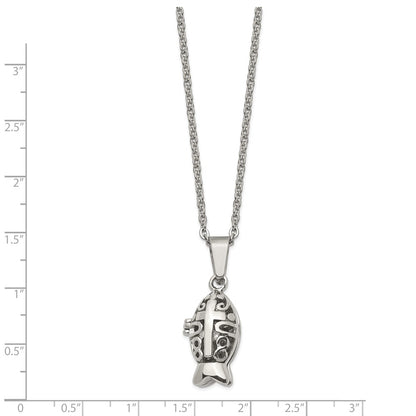 Stainless Steel Chisel Polished And Antiqued Magnetic Fish Prayer Box On An 18 Inch Cable Chain Necklace