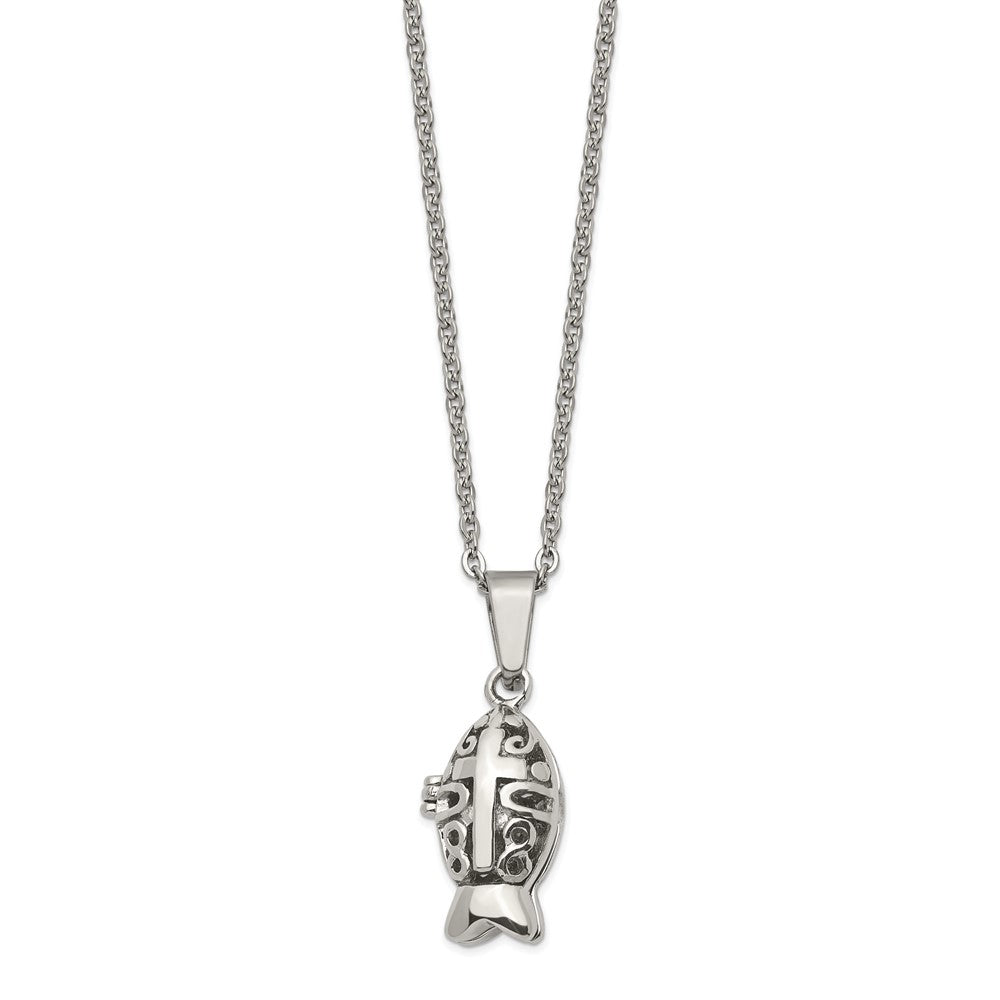 Stainless Steel Chisel Polished And Antiqued Magnetic Fish Prayer Box On An 18 Inch Cable Chain Necklace