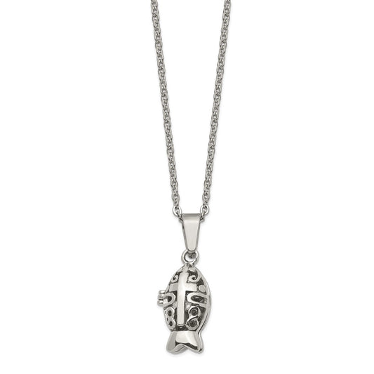 Stainless Steel Chisel Polished And Antiqued Magnetic Fish Prayer Box On An 18 Inch Cable Chain Necklace