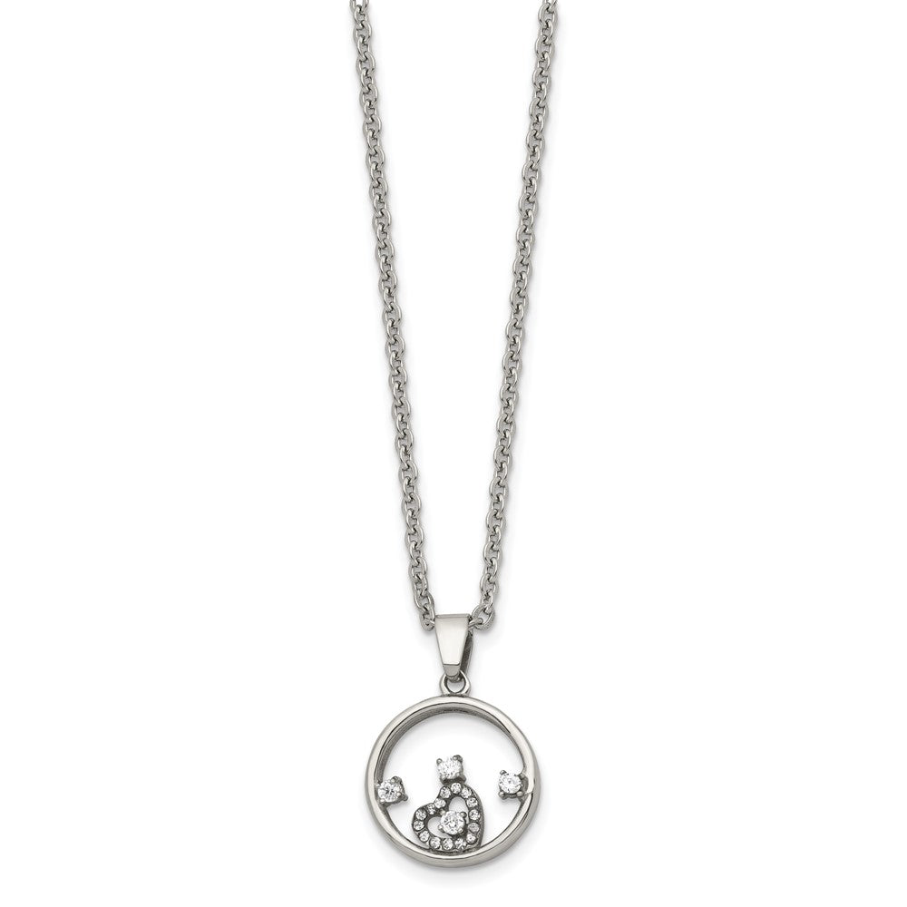 Stainless Steel Chisel Polished Circle With Cz And Heart Pendant On An 18 Inch Cable Chain Necklace
