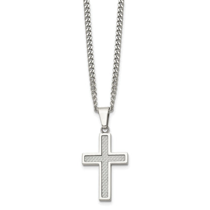 Stainless Steel Chisel Polished With Grey Carbon Fiber Inlay Small Cross Pendant On A 20 Inch Curb Chain Necklace