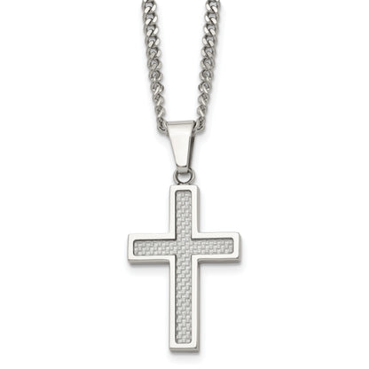 Stainless Steel Chisel Polished With Grey Carbon Fiber Inlay Small Cross Pendant On A 20 Inch Curb Chain Necklace