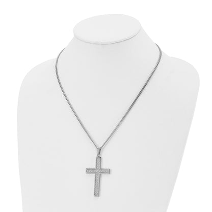 Stainless Steel Chisel Polished With Grey Carbon Fiber Inlay Large Cross Pendant On A 20 Inch Curb Chain Necklace